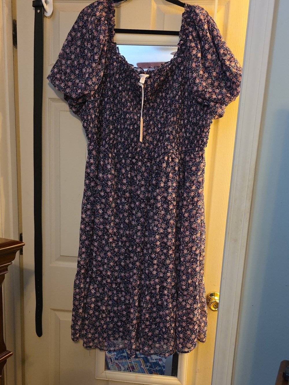 LC YLauren Conrad Floral Smocked Puff-Sleeve Dress in Navy